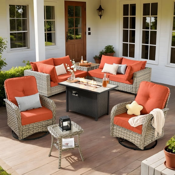 XIZZI 9-Piece Outdoor Patio Furniture Set, High Back Wicker Sectional with Fire Pit Table & Swivel Rocking Chairs, All-Weather Rattan Conversation Set for Patio & Garden, Coarse Orange Red