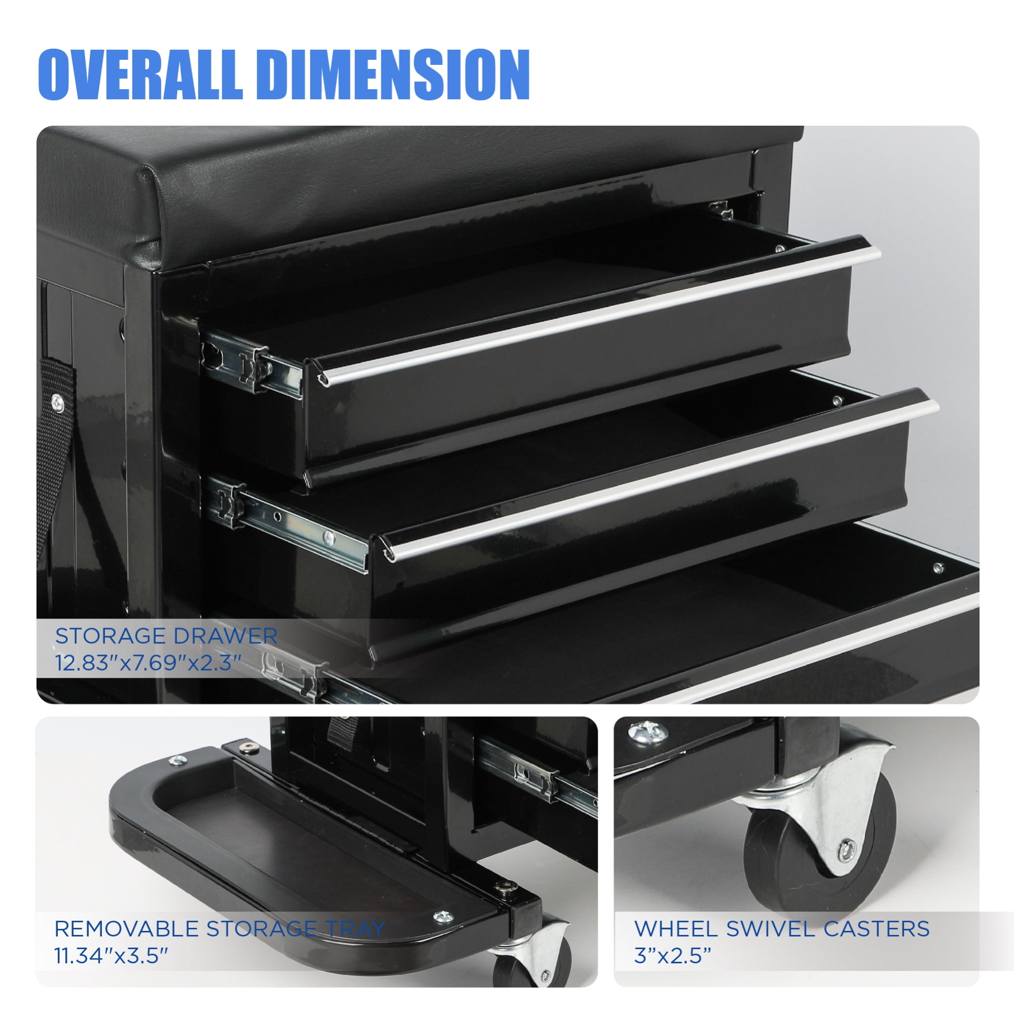 3 Drawer Tool Chest Rolling Mechanic Seat with Tool Trays, 350 lbs Max Weight Capacity, Metal Tool Cart for Garage Workshop,Black