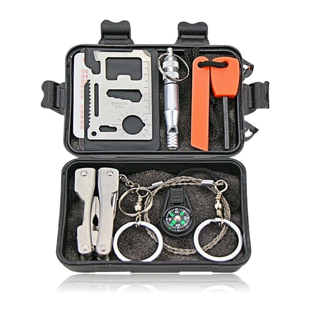 Boîte à Outils d'Urgence 9 en 1 Kit Portable Anti-Rouille Outils de Camping Sécurité Équipement de Survie en Plein Air Ensemble d'Activités de Plein Air Alpinisme Multi-Outils Sifflets