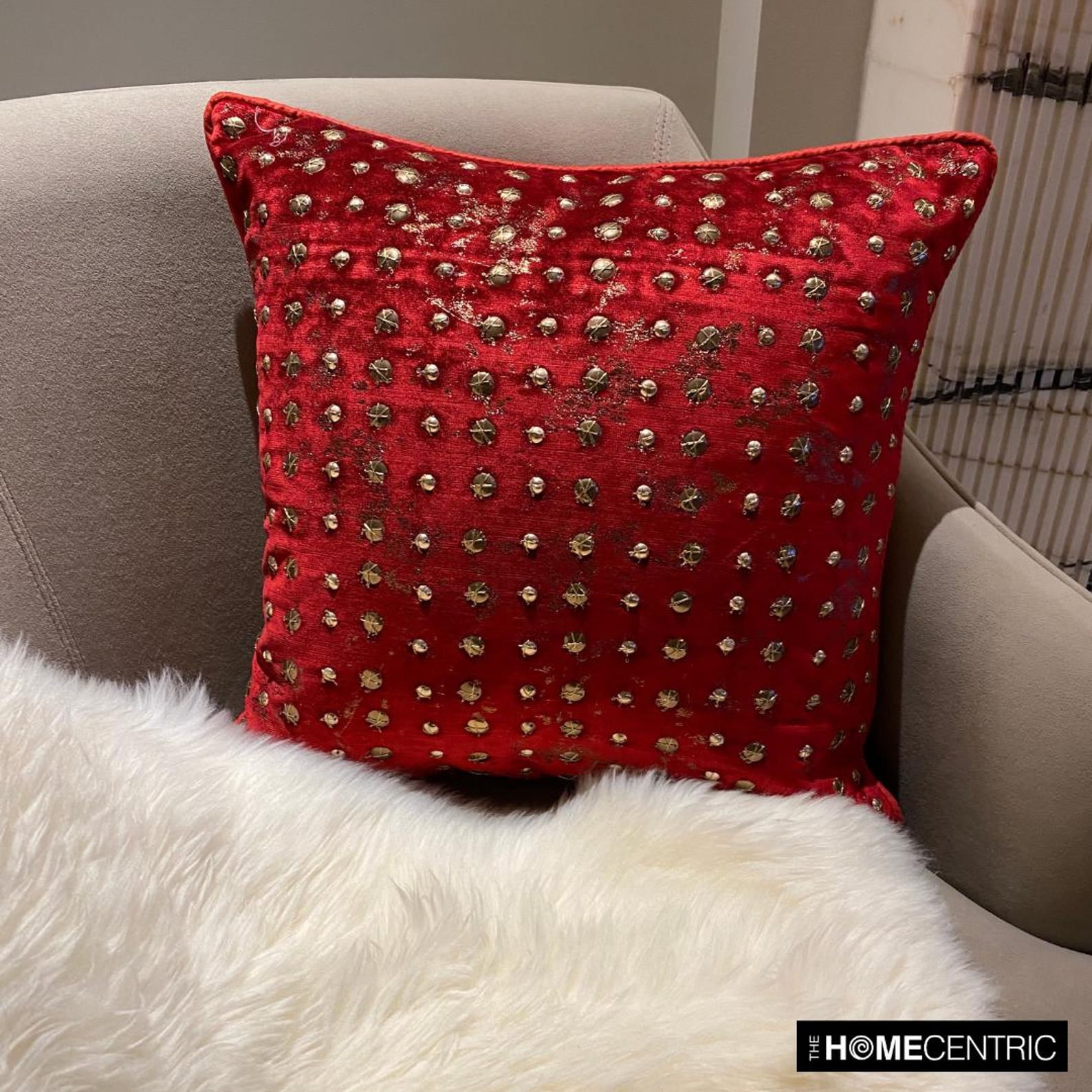 The HomeCentric Sofa Cushion Cover, Decorative Red Pack of 2, 16"x16" (40x40 cm) Pillow Covers, Velvet Beaded, Dotted & Gold Foil Throw Pillow Covers, Circles & Dots Modern Style - Wheeling Around Red