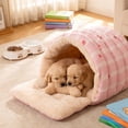 thumbnail image 5 of Small Cat Dog Cave Bed, Calming Pet Nest Warm Plush Covered Cat House with Hooded, Removable Hooded Blanket Cushion, Washable (Pink, Small), 5 of 6