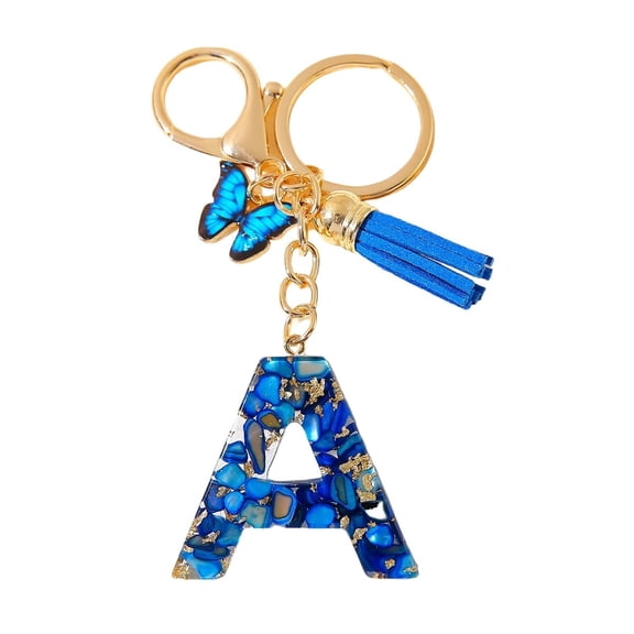 Gierzijia Blue Stone Butterfly Tassel Alphabet Resin Keychain, Initial Letter Key Ring Accessories Bag Charms