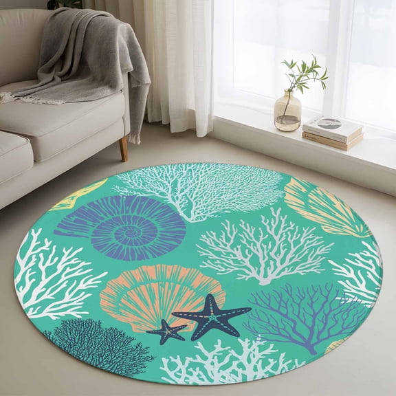 Aqua Gray Shell Coral Round Rug 3ft Washable Circle Entryway Rugs Non Slip Coastal Summer Beach Nautical Ocean Area Rug Indoor Floor Carpet for Bedroom Kitchen Living Room Office Dining Room Nursery