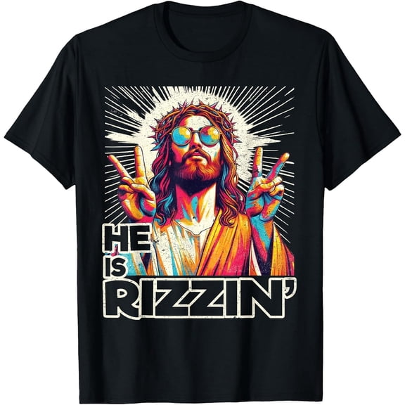 Men's Tee Retro He is Rizzin Funny Jesus Has Rizzen Easter Christian T-Shirt, Comfortable Breathable Soft Tee, Men's 100% Cotton Graphic T-Shirt 180gsm