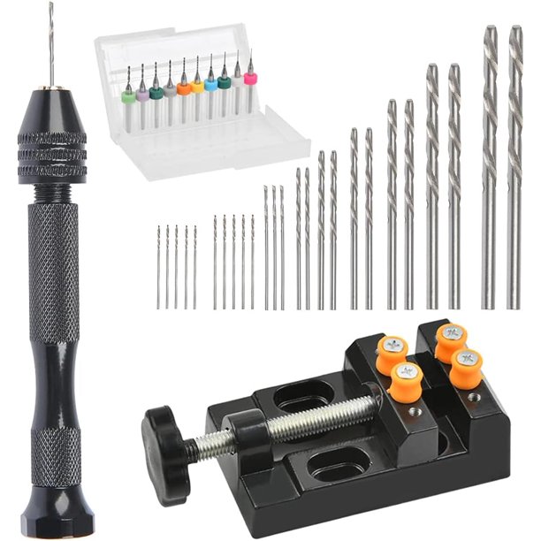 Juego de Taladro Manual de 37 Piezas Mini Taladro Manual de Precisión Broca de Mandril Sin Llave de Aluminio Brocas Helicoidales Avellanadoras y Tornillo de Banco para Escultura Artesanal DIY
