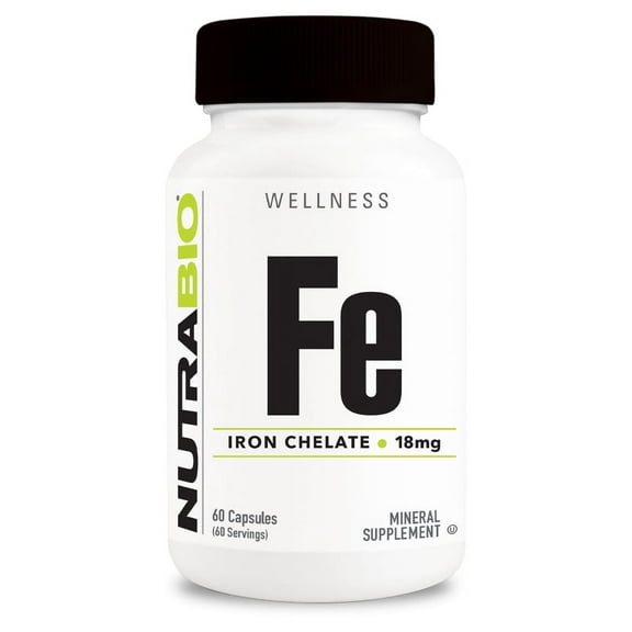 NutraBio Iron Chelate (18mg)- Iron Supplements for Men and Women- Ferrous Bisglycinate Chelate, Supports Red Blood Cell Health, 60 Capsules