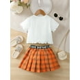 thumbnail image 4 of Mikrdoo 7 Years Kid Girls Outfits Skirts Sets Hawaii Car Letter Pattern Short-sleeved Tops Plaid Pleated Skirts 2Pcs Clothing Sizes 4-7 Orange, 4 of 9