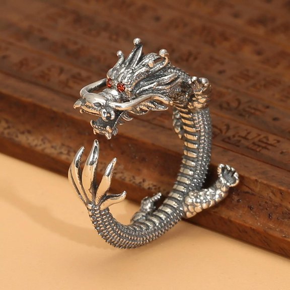 HOOUN Pure S925 Sterling Silver Band Men Gift Five Claws Red Eye Dragon Open Ring 11g