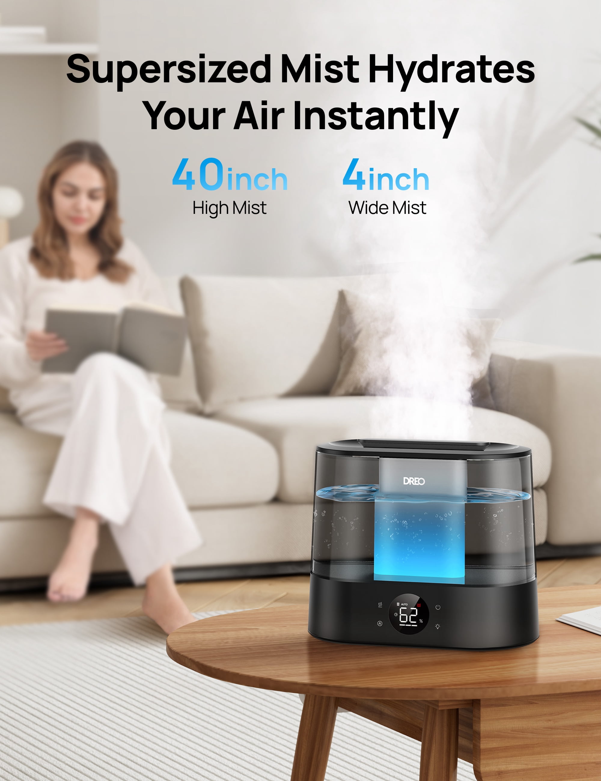 DREO 1.06 gal Cool Mist Humidifier with Night Light for Large Roorm 36H Runtime Top-Fill 28dB Quiet for Bedroom, Black
