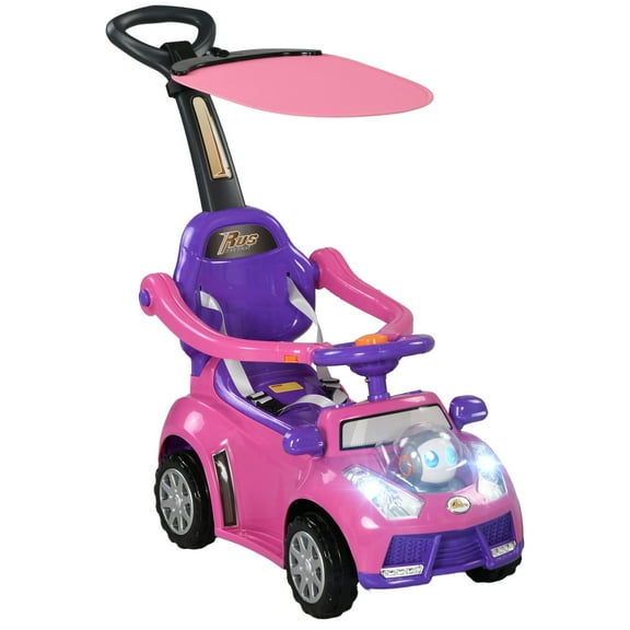 Bikes Qaba Push Car for 1-3 Years, 3 in 1 Ride on Sliding Car, Foot to Floor Push Car with Removable Handle, Music, Horn, Canopy, Safety Guardrail for and , Pink, Riding