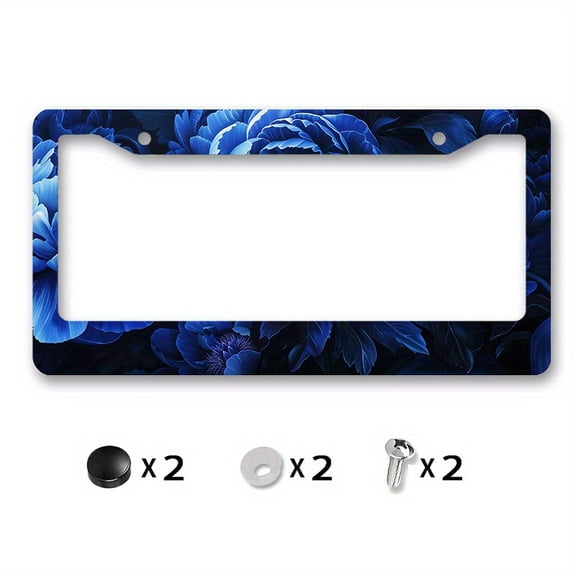 Metal License Plate Frame Cover Decoration with Dark Blue Peonies perfect for Wedding Car Decor