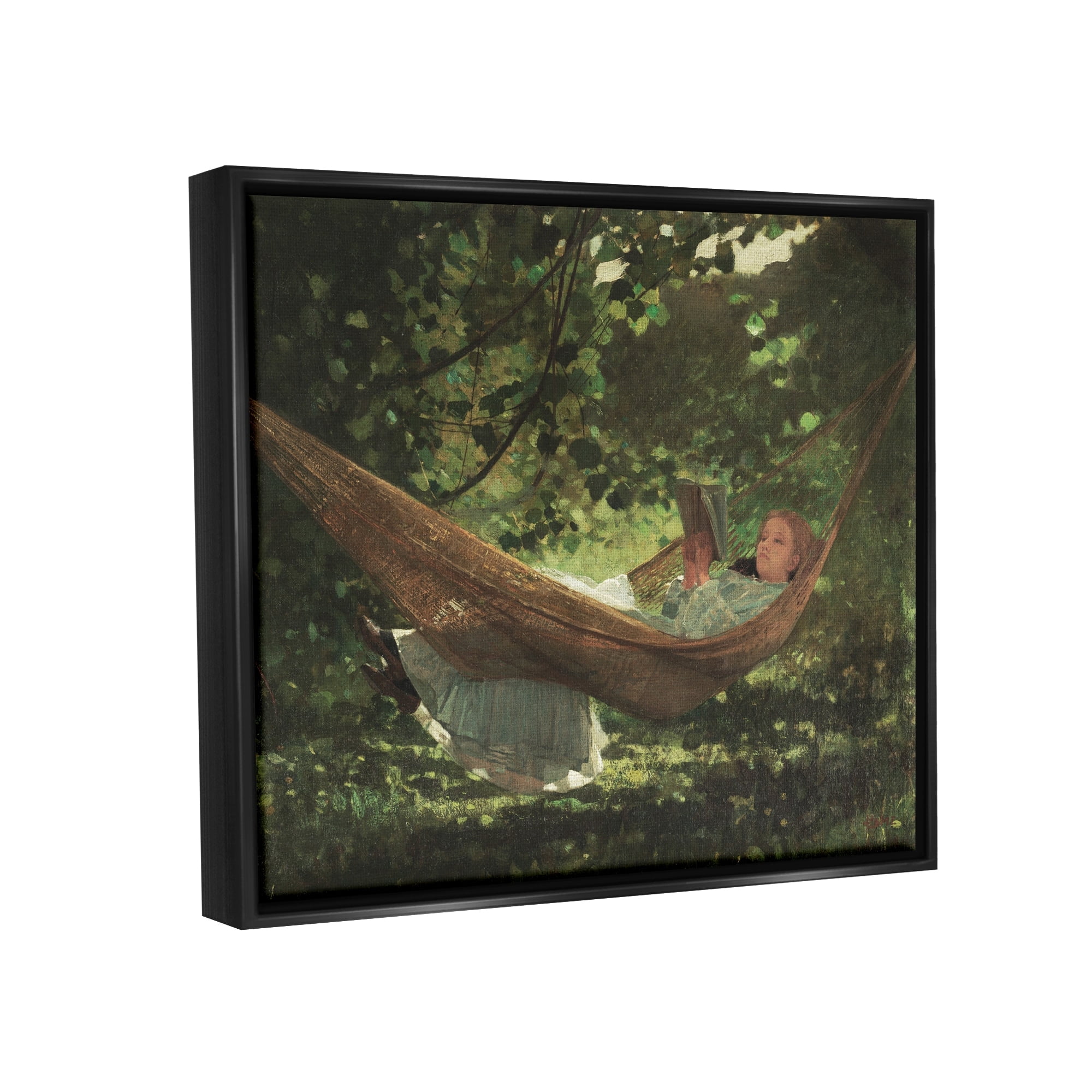 Stupell Industries Girl Reading Book Hammock Classic Vintage Painting Painting Jet Black Floating Framed Canvas Print Wall Art, Design by Lettered and Lined