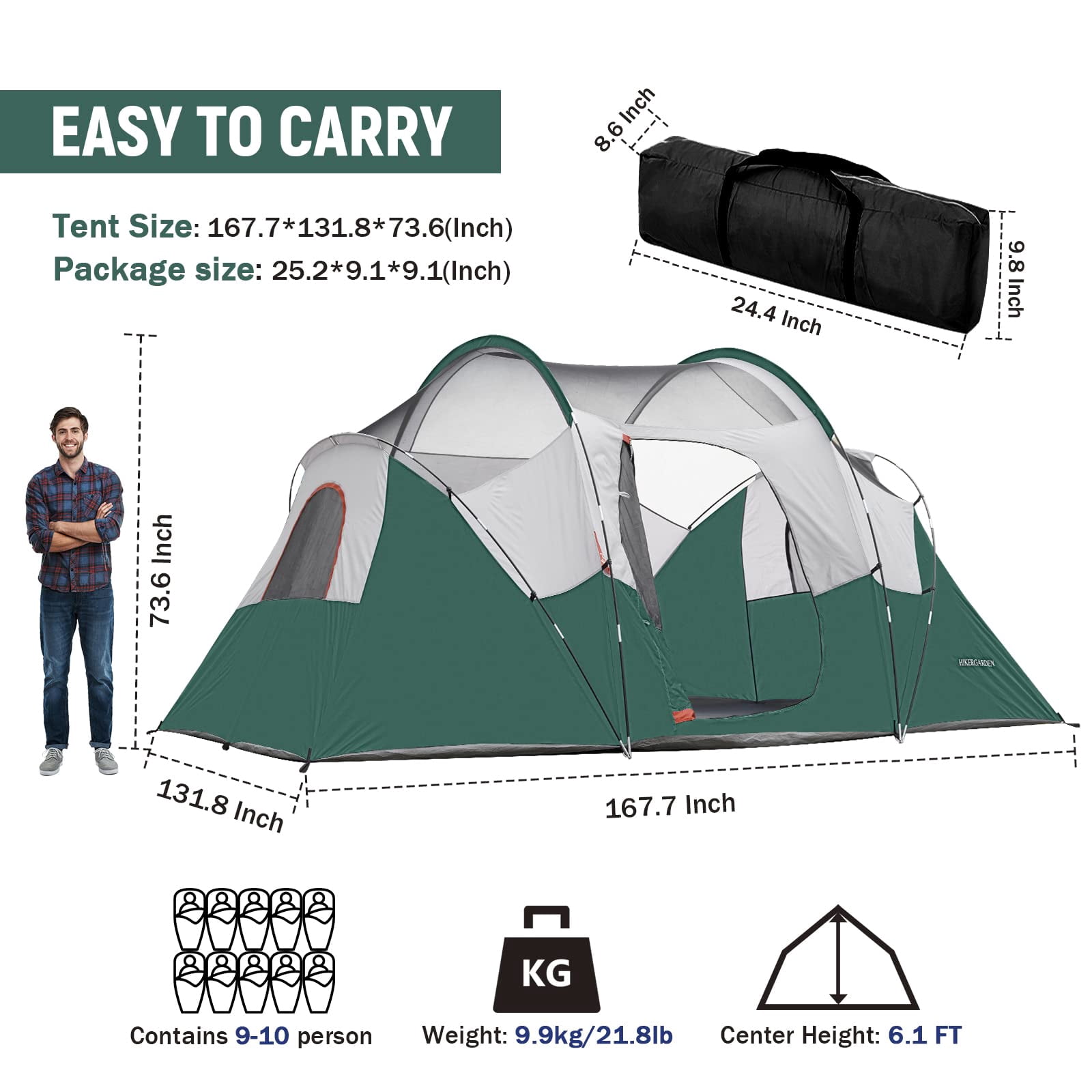 Hikergarden 10 Person Camping Tent - Portable Easy Set Up Family For Camp  Windproof Fabric Dome Outdoor Hiking Backpacking Traveling-14'x11'x74in(h)