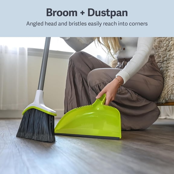 Basics 2-Piece Angled Broom & Dustpan Set 44" Long Handle Silver/Green for Home Office Cleaning