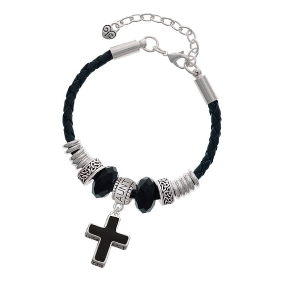 Delight Jewelry Silvertone Large Black Enamel Cross with Decorated Sides Aunt Celtic Knot Leather Bead Bracelet, 7" 2" Extender