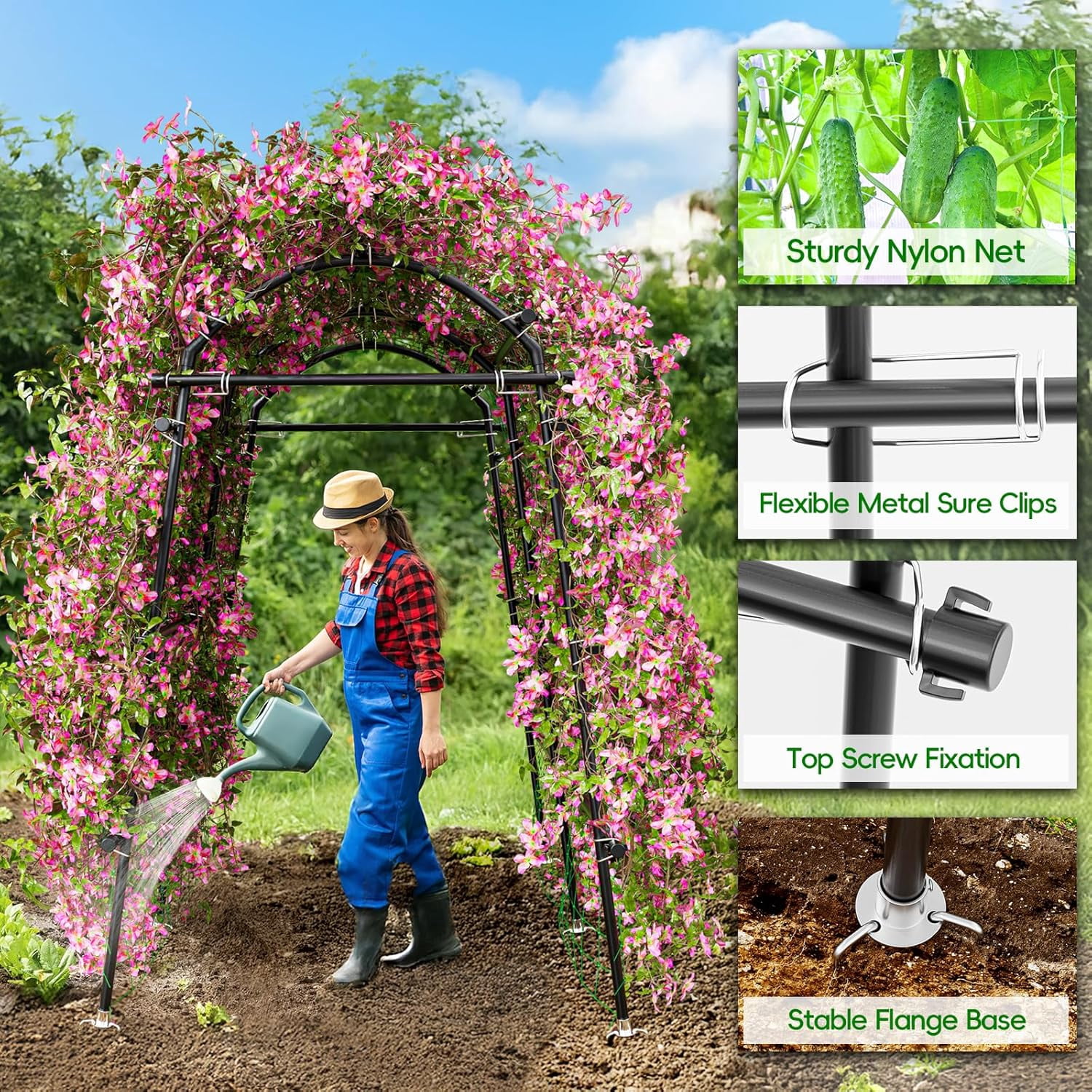 Garden Arch Trellis 88.58"  Tall for Climbing Plants Outdoor, Steel Stainless Arched Arbors Tunnel Trellis with Netting, Metal  Ties for Cucumber Tomato Pea Vines Fruit