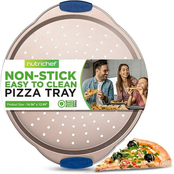 NutriChef Plateau à Pizza Antiadhésif 13 Pouces - avec Poignée en Silicone, Poêle Ronde en Acier Antiadhésive avec Trous Perforés, Ustensiles de Cuisson Premium, Plateau à Pizza avec Poignées Allongées, Lavable au Lave-Vaisselle - Or Champagne