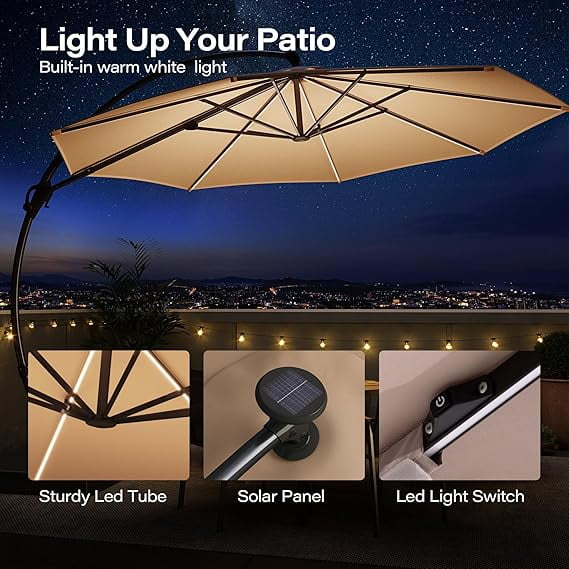 Yardgrace 11FT Patio Umbrella with Lights and Base, Large Offset Cantilever Umbrella with 360°Rotation for Patio, Pool, Garden and Backyard (Champagne)