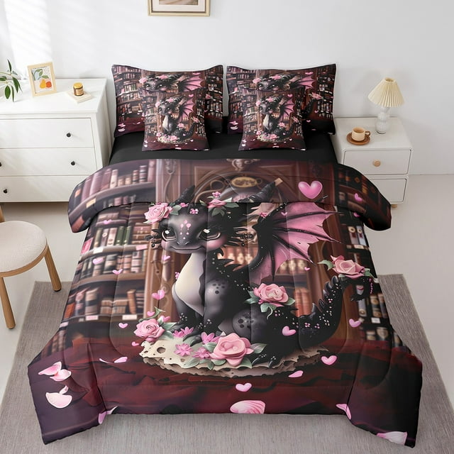 Erosebridal Magical Dragon Bedding Sets Twin Size,Pink Flower Comforter Sets With Sheets,Wildlife Decor,Reversible,Breathable,7Pcs