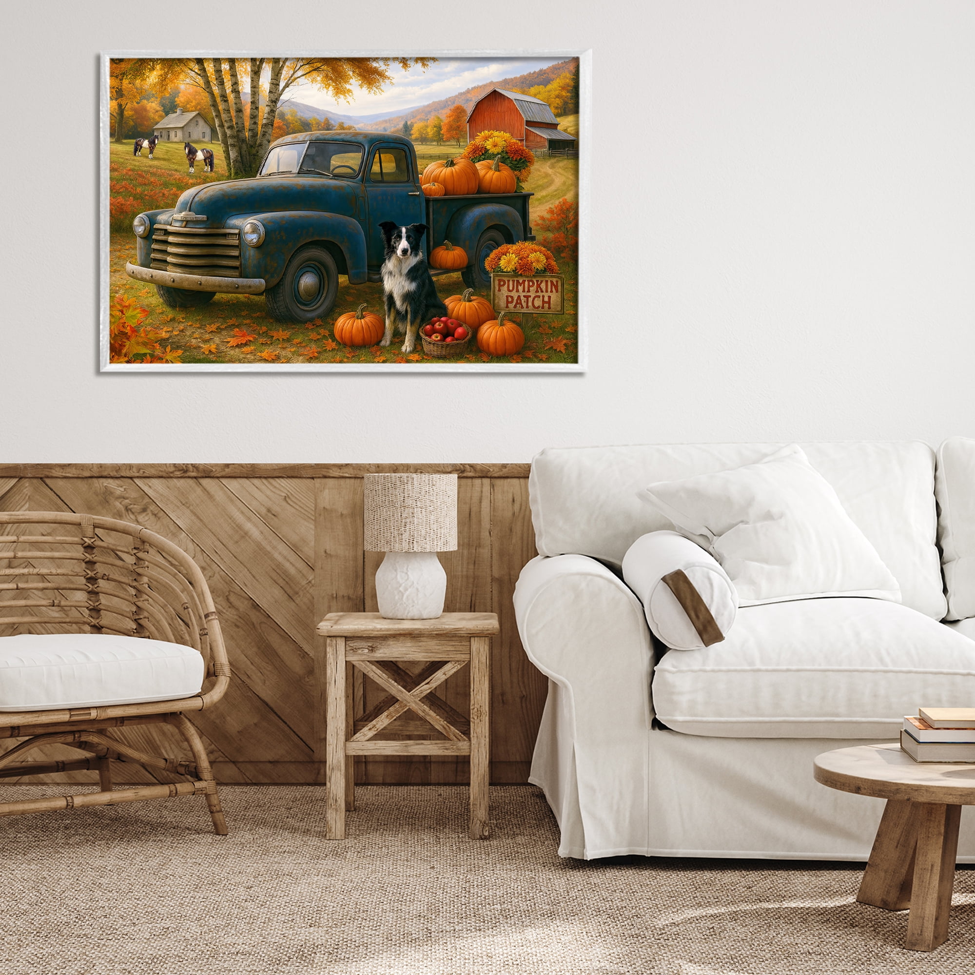 Autumnal Farmland Collie Dog White Framed Giclee Art, design by Tom Crehan