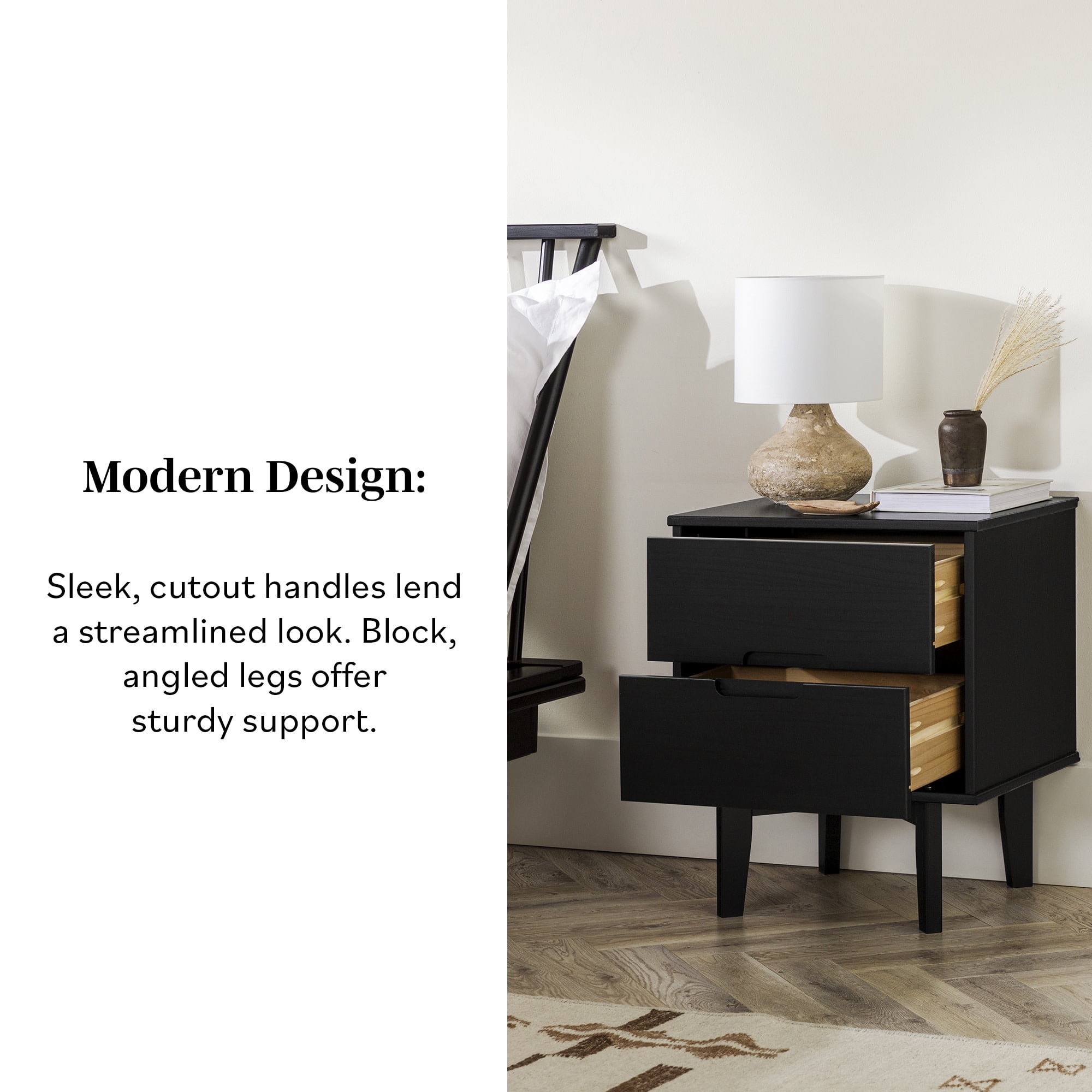 Walker Edison 2-Drawer Groove Handle Solid Wood Nightstand – Black