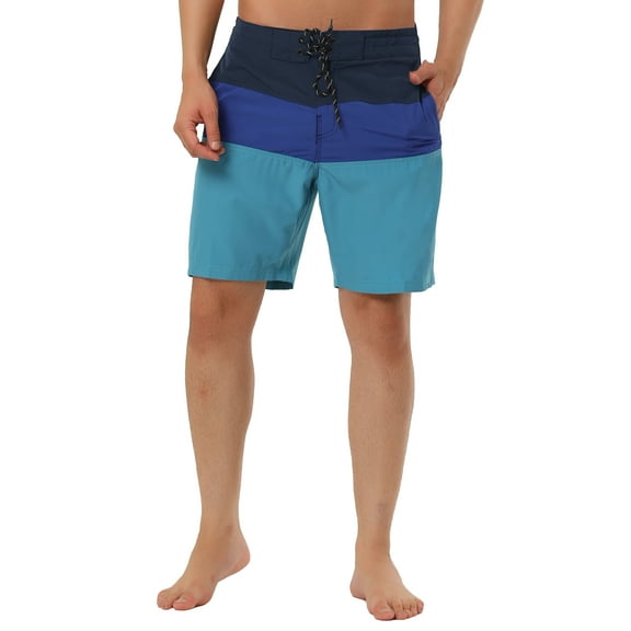 Unique Bargains Men's Summer Swim Color Block Drawstring Beach Board Shorts