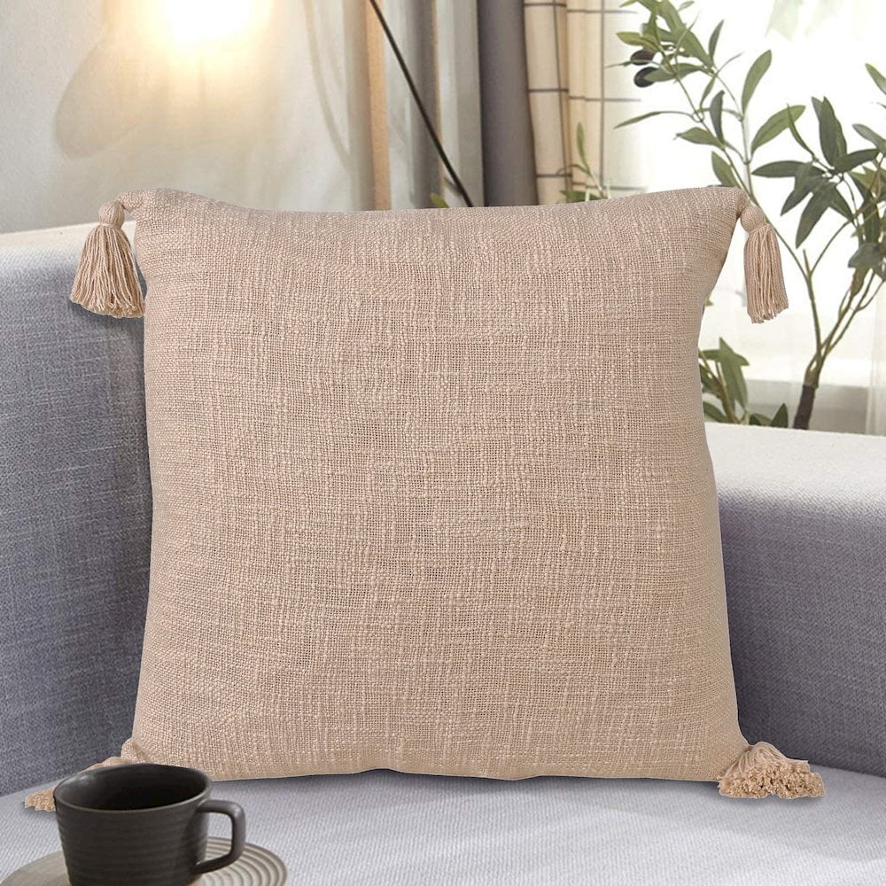 LR Home Ox Bay Hand-Woven Tan/Beige Solid All-Natural Cotton Pillow Cover