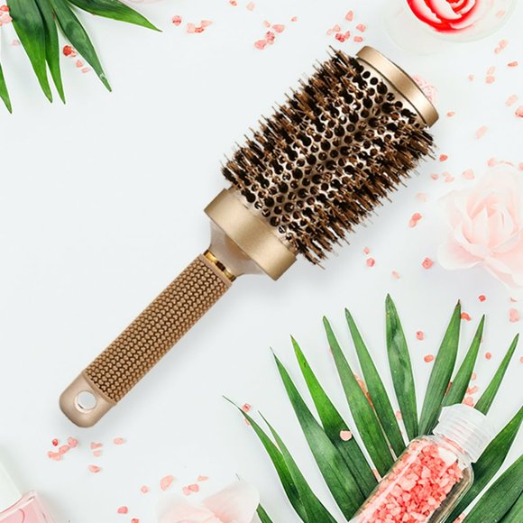 Bamboohart Nano Thermal Ceramic & Ionic Large 2 inch Barrel Round Hair Brush with Boar Bristle for Hair Drying  Styling  Curling  and Shine  Gold brush for women hair ( 1.8 inch)