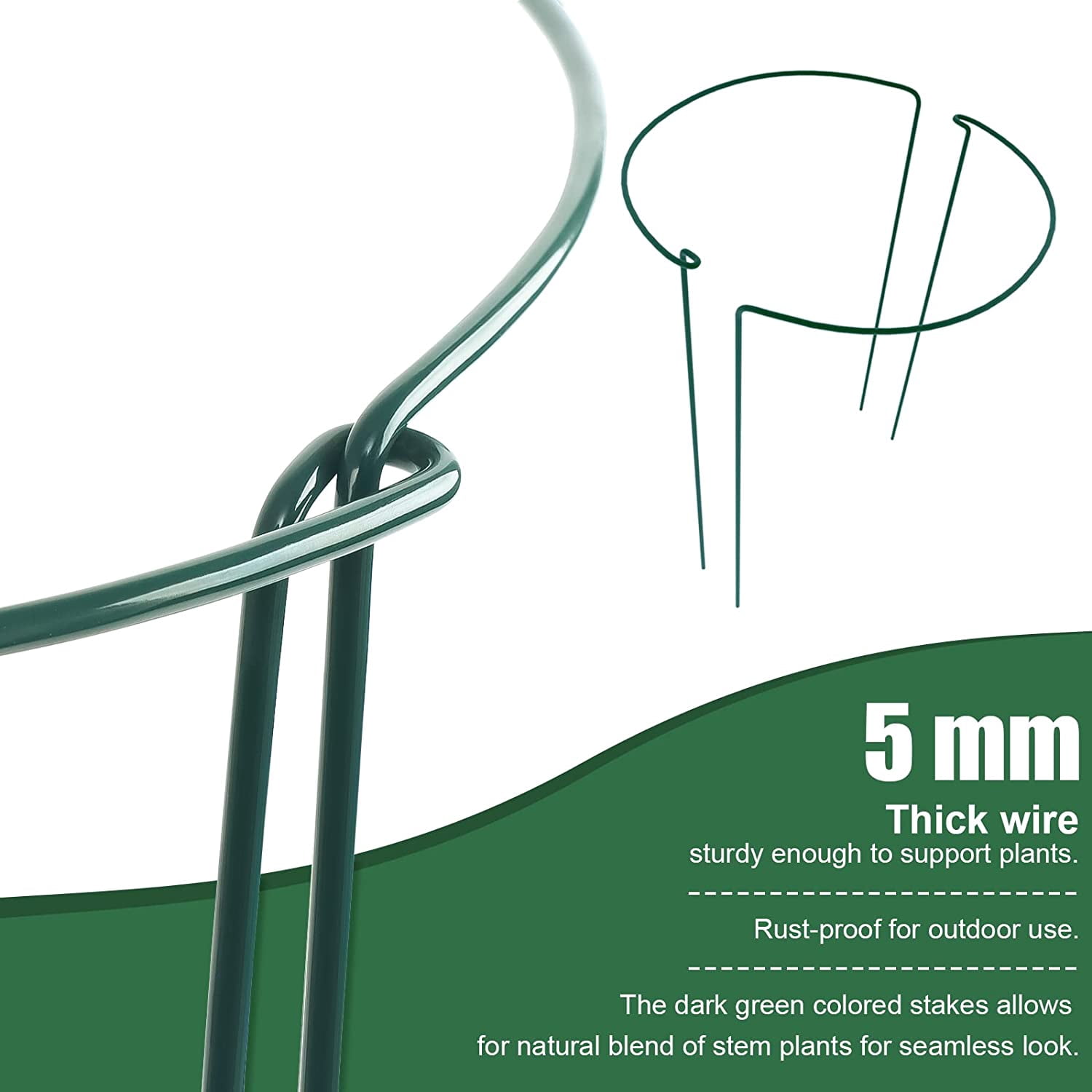 6 Pack Plant Support Stakes, Peony Cages and Supports, Metal Garden Plant Stake(10" Wide x 16" High) Green Half Round Plant Support Rings for Outdoor Indoor Plants, Tomato, Hydrangea