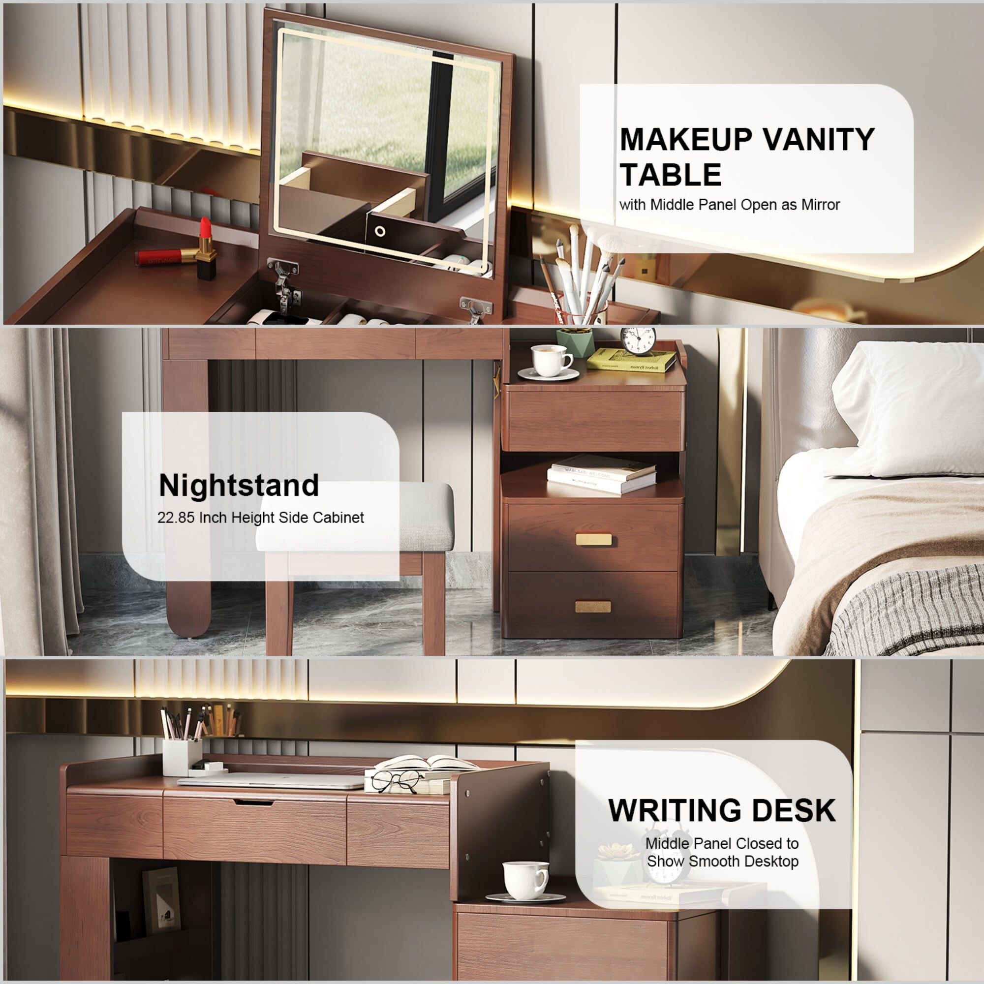 AENKYO Makeup Vanity Desk with LED Lights, Flip Mirror & Stool, 3-in-1 Dressing Table with Adjustable Cabinet, Walnut