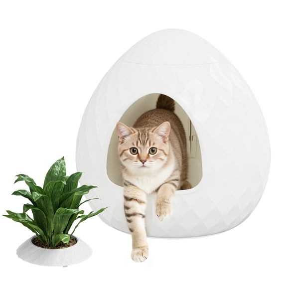 Nihsuao Cat Litter Box Enclosure, Egg-Shaped Resin Hidden Litter Box Furniture with Removable Planter Top, Easy Clean Multi-Functional for Living Room Indoor, White