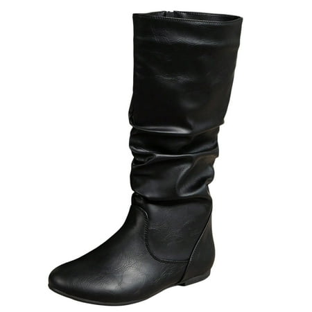 

Ediodpoh New Round Head Square Heel Side Zipper Solid Leather Boots Vintage Western Denim Fashion Mid Sleeve Boots Women s Boots Black 6