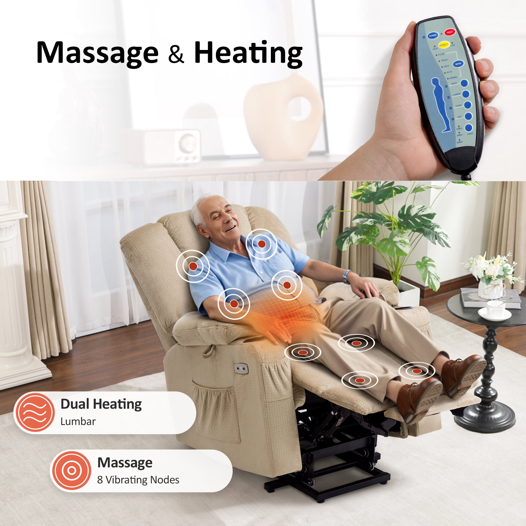 MCombo Power Lift Recliner Chair Sofa with Massage and Heat for Elderly People, Extended Footrest, Hand Remote Control, Cup Holders, USB Ports, Fabric 7529 (Medium, Beige)
