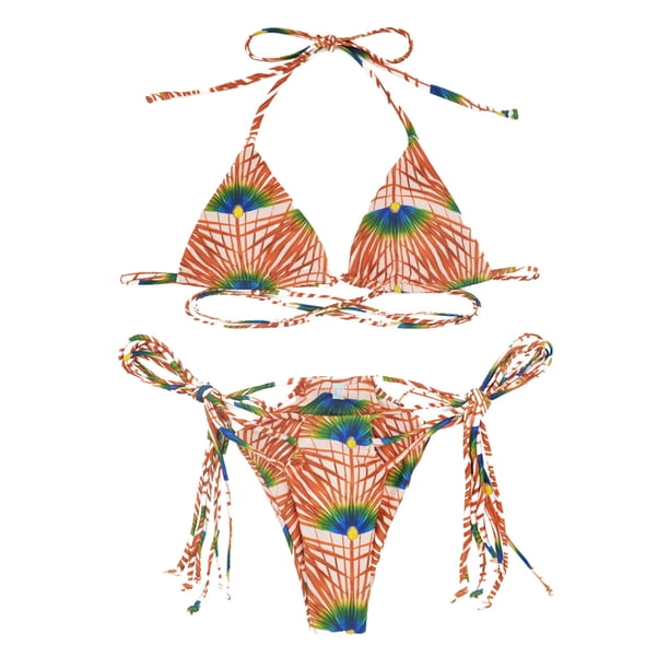 Traje de baño estampado floral para mujer Conjunto de bikini atrevido de corte alto con cordón anudado y aros