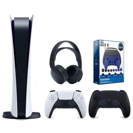 Sony Playstation 5 Digital Edition Console with Extra Black Controller, Black PULSE 3D Headset and Surge Pro Gamer Starter Pack 11-Piece Accessory Bundle
