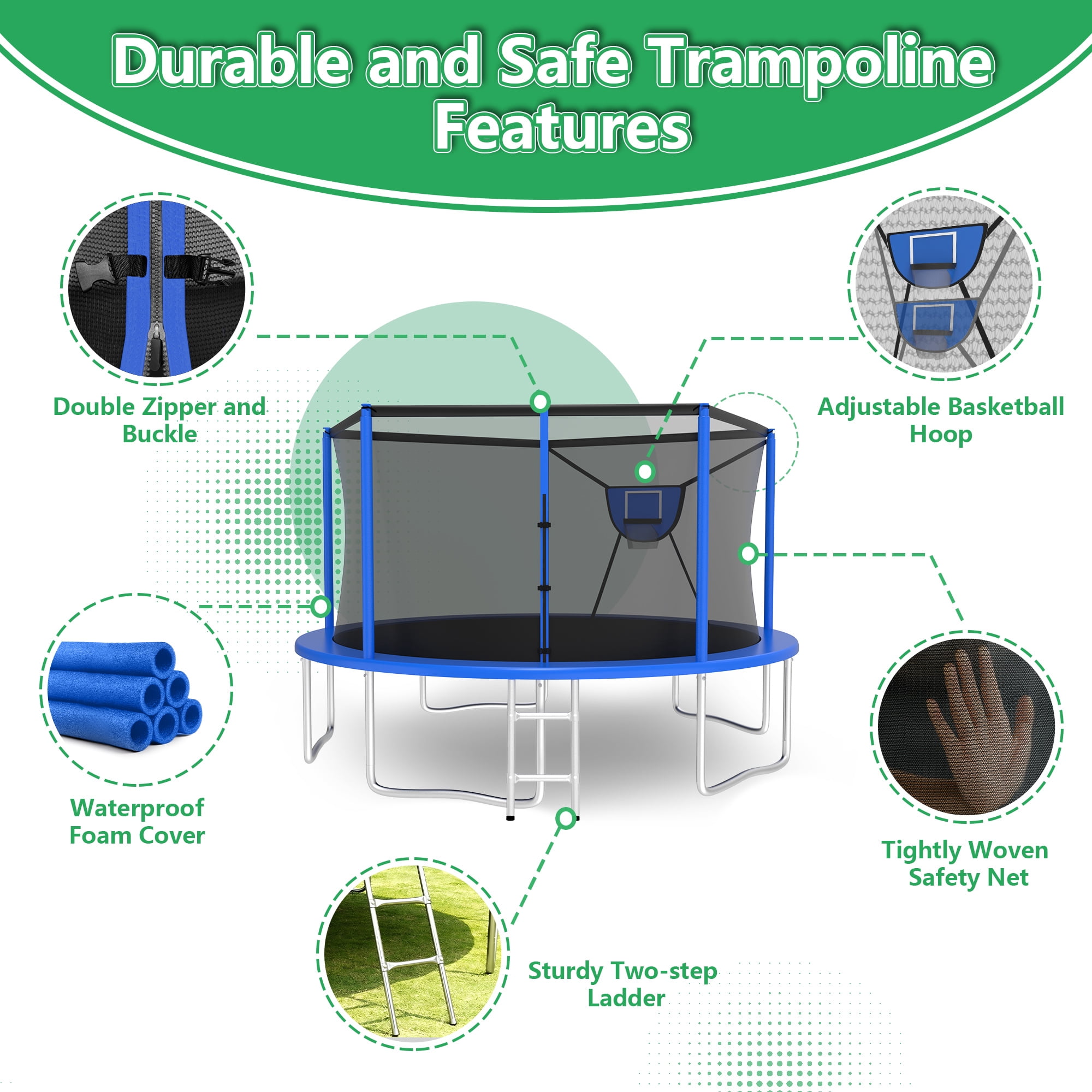 LHX Trampoline with Basketball Hoop 14FT 1400LBS Outdoor Trampolines for Kids Adults Backyard Heavy Duty Round Trampoline with Safety Enclosure Net, Lights, Sprinklers, Socks, No Gap Design