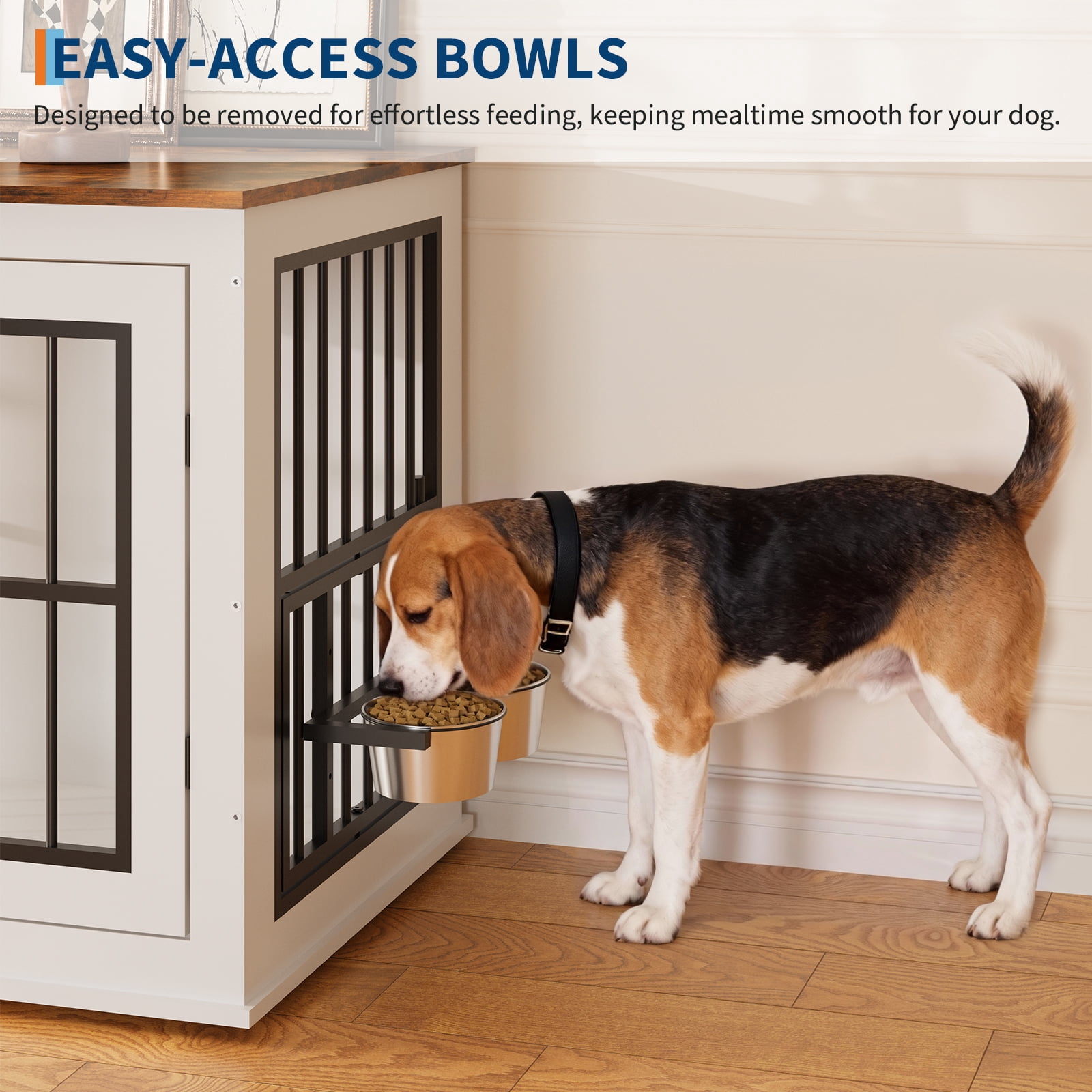 GARVEE 40" Wooden Dog Crate Furniture with Double Bowls, Indoor Pet Kennel & End Table for Medium to Large Dogs, White/Vintage