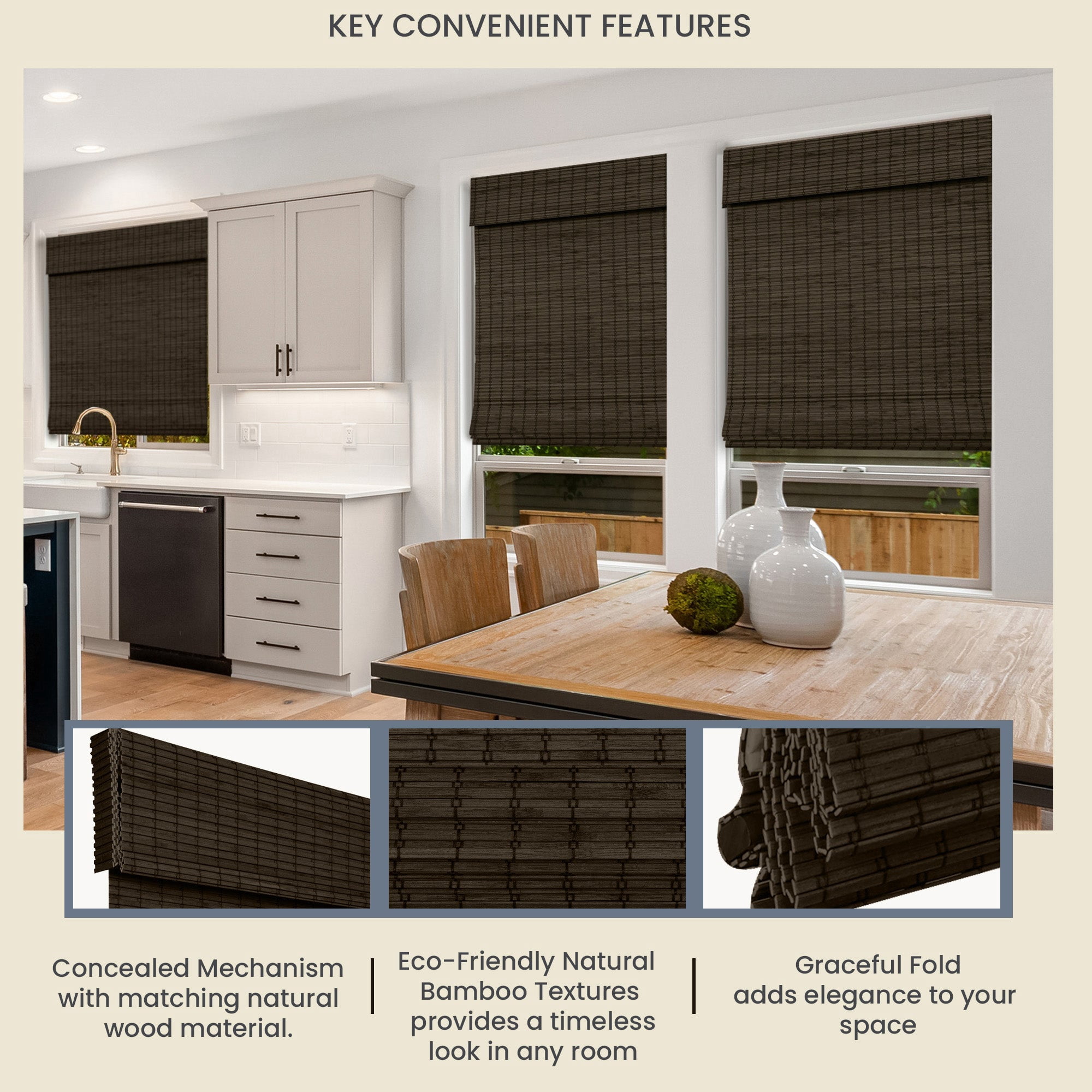 Natural Woven Light Filtering Cordless Bamboo Roman Shades for Windows, 28.5 in. W x 48 in. L, Onyx