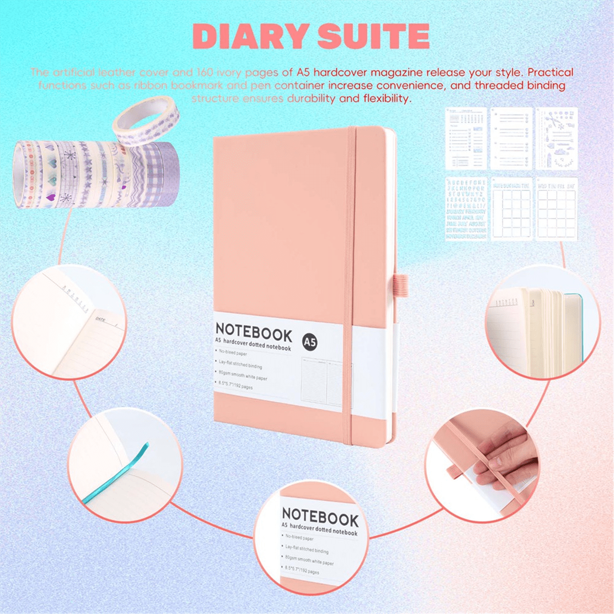 Dotted Journal Kit,A5 Hardcover Dotted Journal Notebook Numbered Pages,Dotted Journaling Kit for Beginner Pink