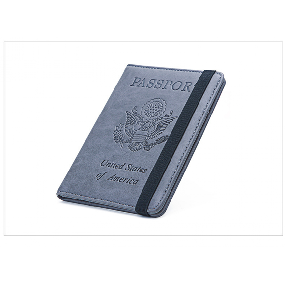 Passport and Vaccine Card Holder Combo - Leather RFID Blocking Wallet with Elastic Strap Travel Cover Case for Passport, with USA CDC Vaccination Card Slot, Grey