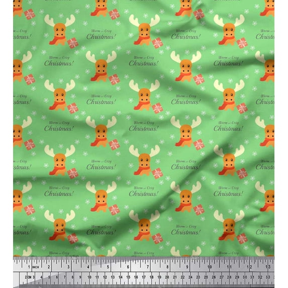 Soimoi Green Silk Fabric Animal,Gift Box & Warm And Cozy Christmas Text Printed Craft Fabric by the Yard 42 Inch Wide