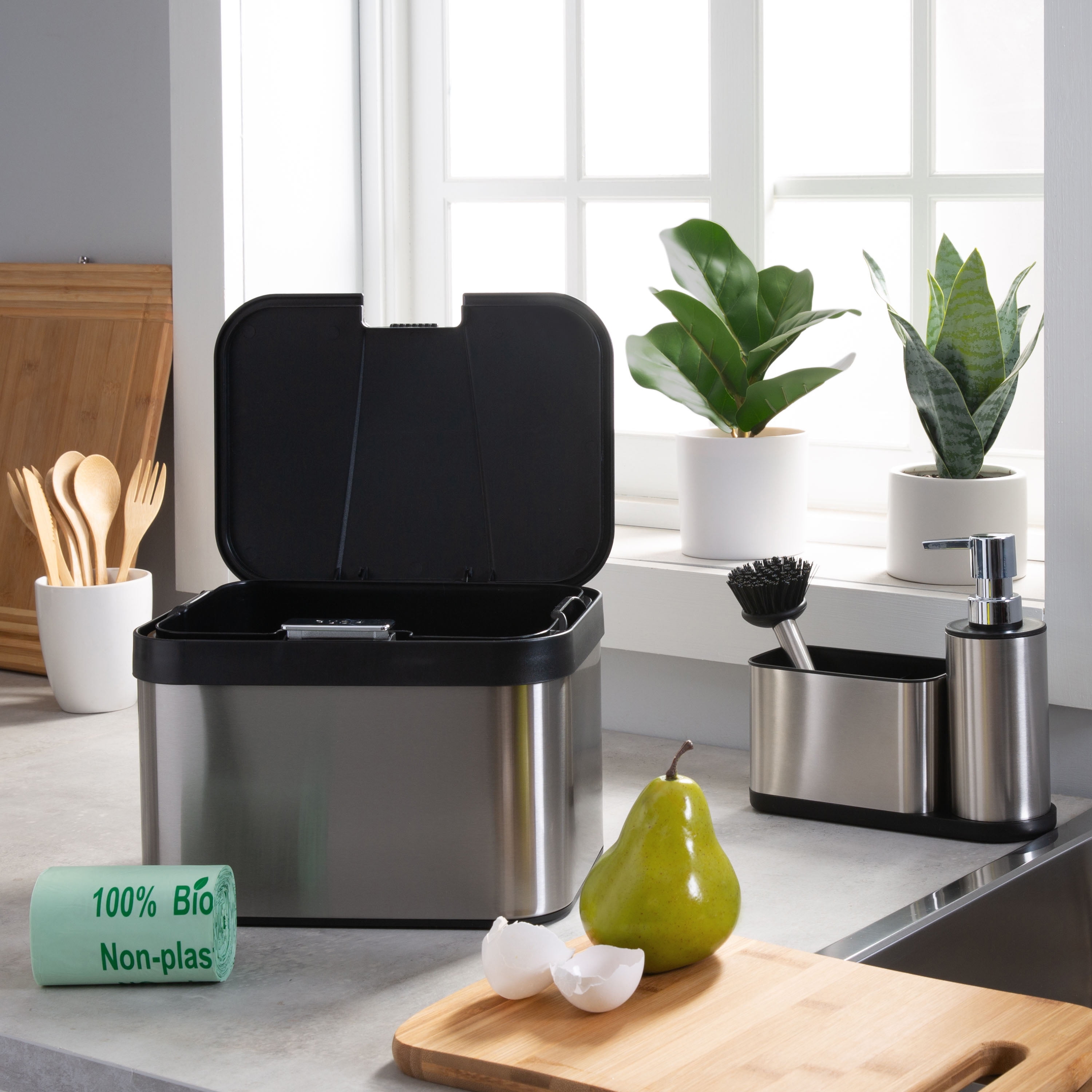 Organize It All Stainless Steel Compost Bin with Biodegradable Bags, Sink Organizer & Scrub Brush