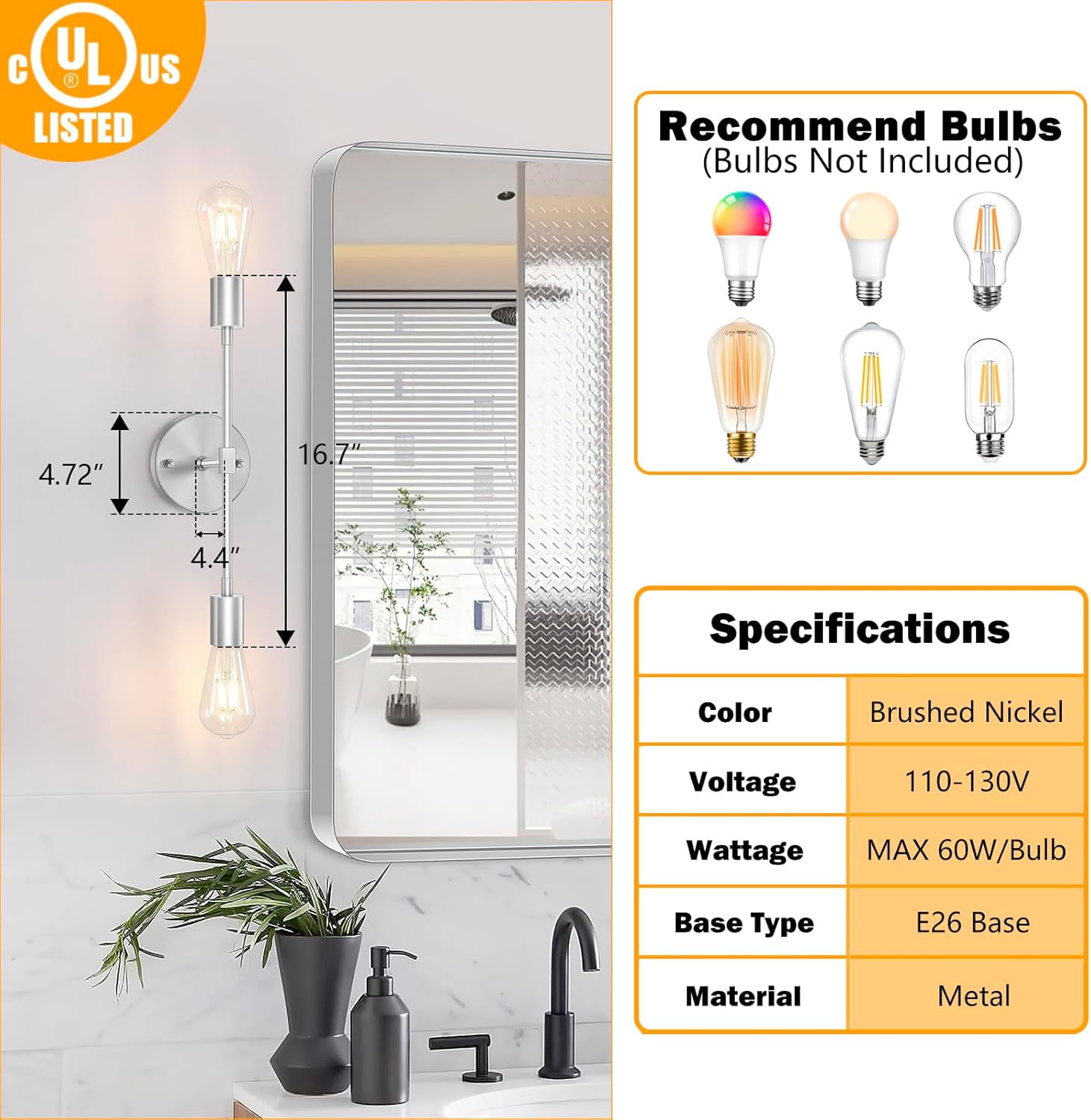 2-Light Brushed Nickel Bathroom Vanity Lights Bathroom Lighting Fixtures over Mirror for Bedroom Living Room Kitchen