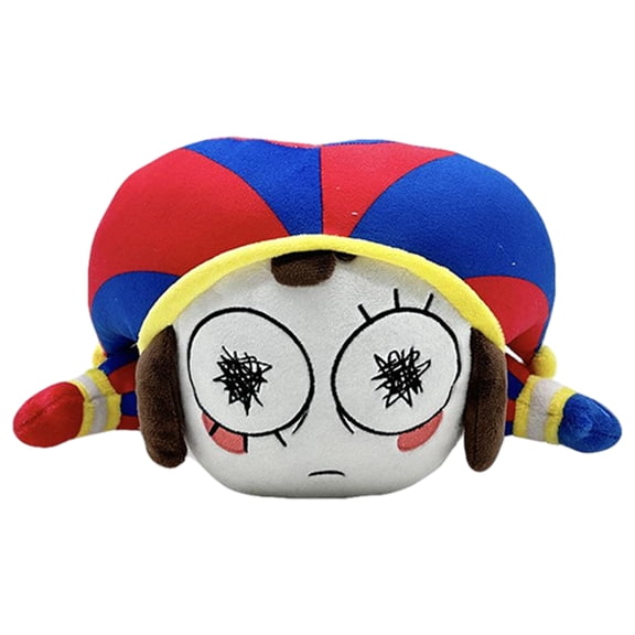 Pomni Plush Toy, Cute Circus Clown Lying Pillow Stuffed Doll with Red Blue Jester Hat, Soft Fluffy Cartoon Character Plush, Decor Hugging Toy Gift for Kids Teens Collectors