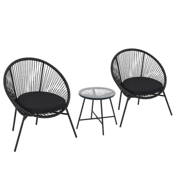 3 Piece Patio Rattan Bistro Set, Outdoor All Weather PE Wicker Conversation Furniture Set with 2 Chairs, Cushions & Tempered Glass Top for Poolside/Porch/Garden/Yard