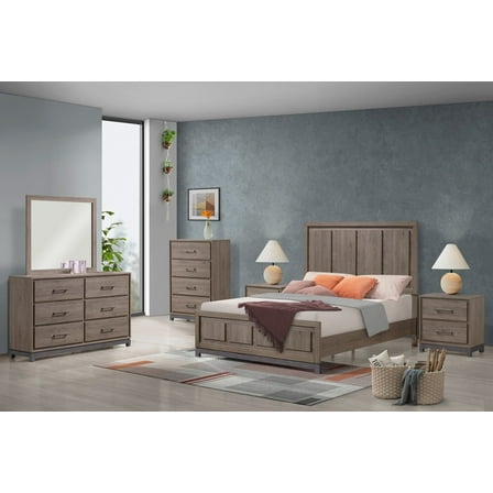 6Pc Contemporary Bedroom Set Brown Wood Finish Queen Size Bed Dresser Mirror Nightstand Chest Furniture