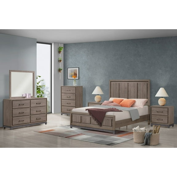 6Pc Contemporary Bedroom Set Brown Wood Finish Queen Size Bed Dresser Mirror Nightstand Chest Furniture