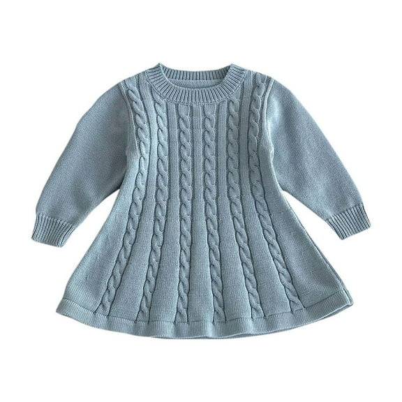 Zwiiyzr Baby Girl Knit Dress Long Sleeves Sweater Dress Toddler Solid Color Fall Winter Outfits 6M-6Y Light Blue