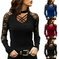 thumbnail image 2 of Aihuaihua Women's Long Sleeve Lace Shirts Criss Cross Straps Hollow Out Crew Neck Lace Patchwork Tops Solid Elegant Blouse Fall Clothes Black S, 2 of 9