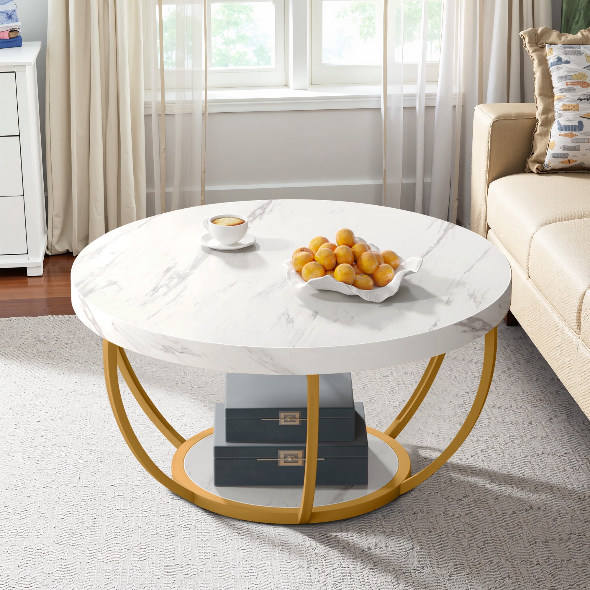 MAYEERTY 2 Tier Round Coffee Table Thickened Engineered Wood Sturdy Metal Base